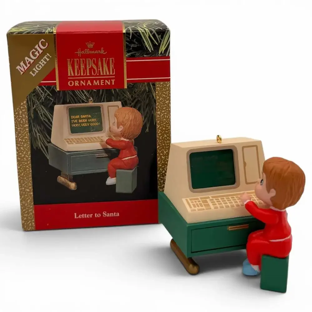 1990 Hallmark Keepsake Ornament 'Letter to Santa' Magic Light Child on Computer